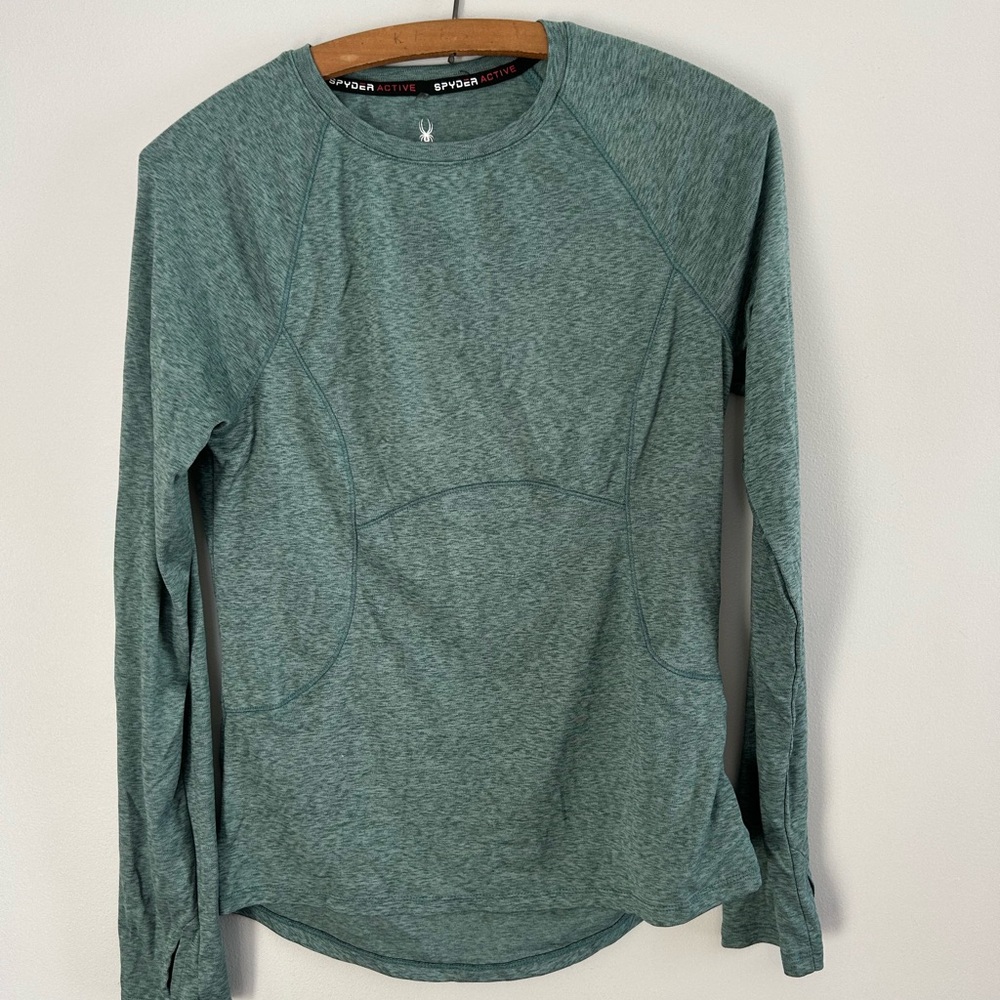 Spyder small Green Long Sleeve athletic Shirt with thumb holes and pocket